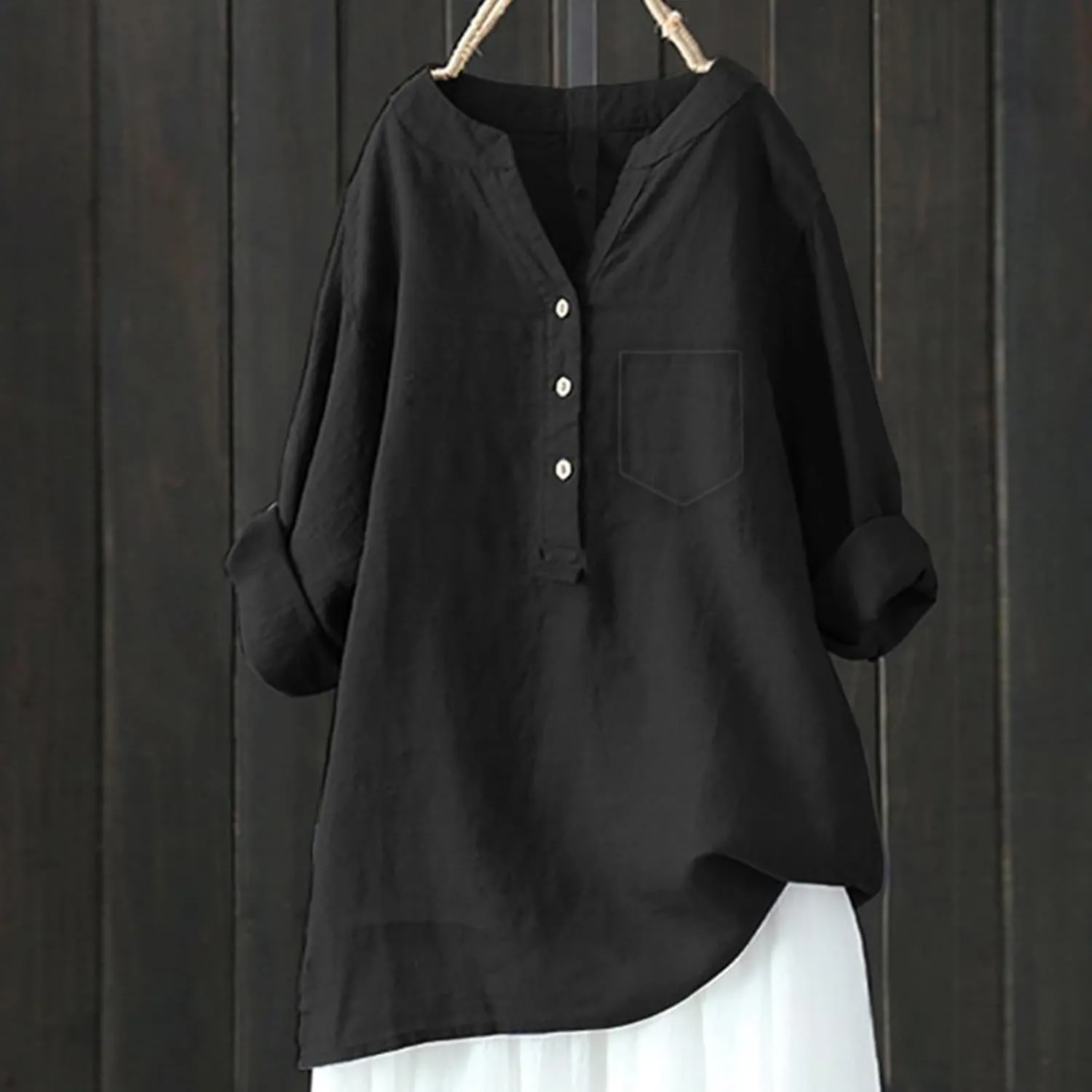 Women's Short Sleeve Cotton Linen Shirt Casual Crewneck Oversized T-Shirt Buttons Loose Summer Tops