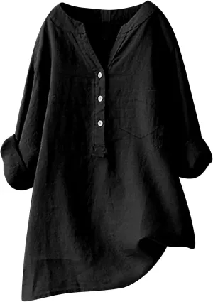 Women's Short Sleeve Cotton Linen Shirt Casual Crewneck Oversized T-Shirt Buttons Loose Summer Tops