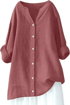 Women's Short Sleeve Linen Shirt Casual Crew Neck Oversized T-Shirt Button Loose Fit Summer Tee Shirt