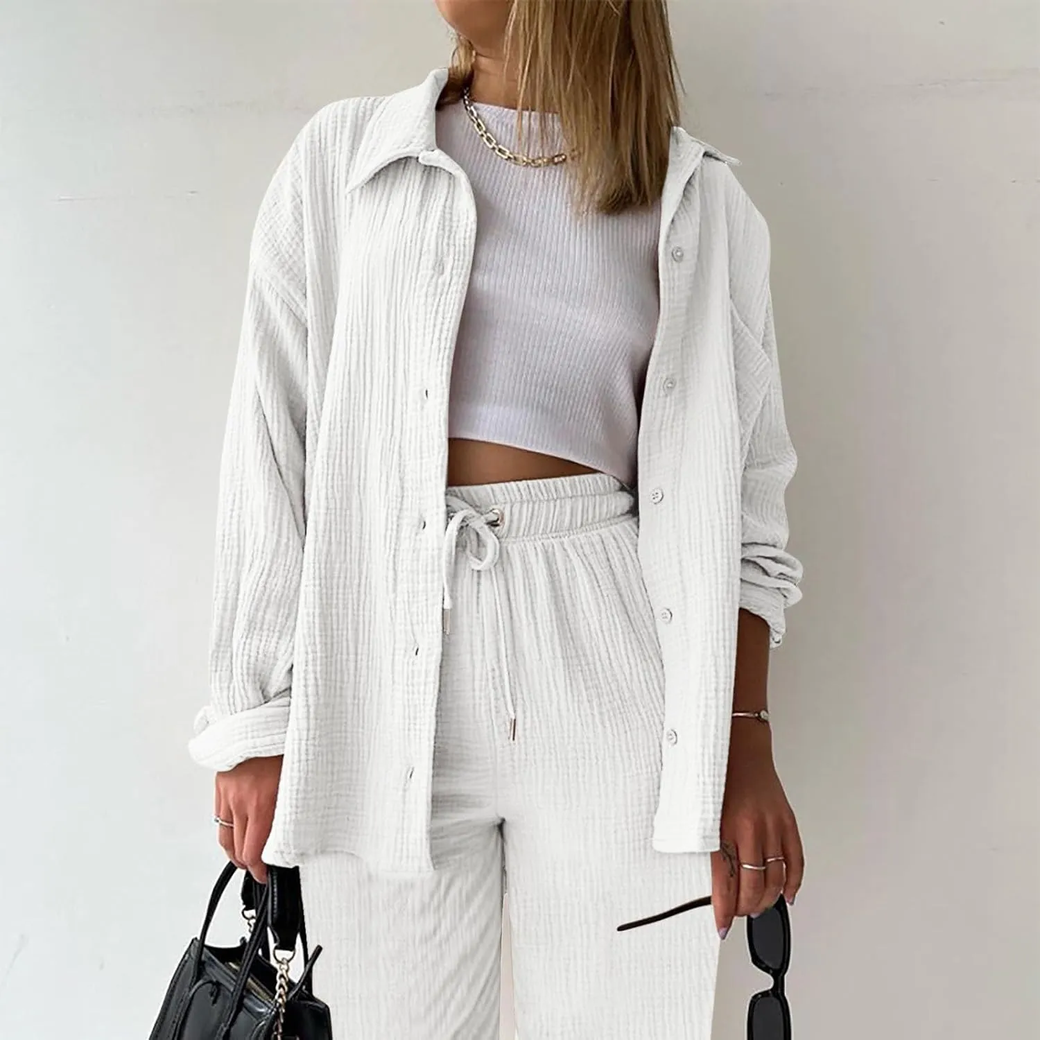Womens Short Sleeve Linen Shirt Casual Round Neck Oversized T Shirts Button Up Loose Fit Summer Tee Tops