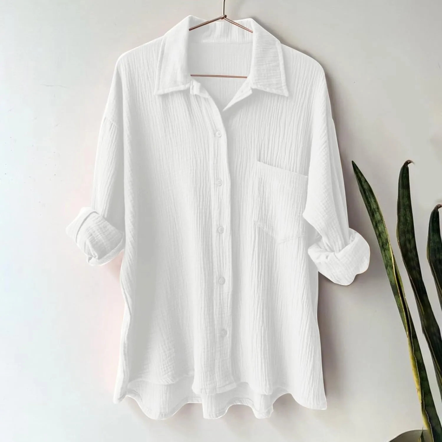Womens Short Sleeve Linen Shirt Casual Round Neck Oversized T Shirts Button Up Loose Fit Summer Tee Tops