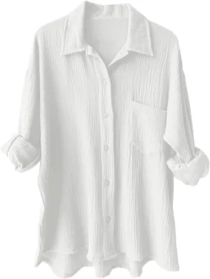 Womens Short Sleeve Linen Shirt Casual Round Neck Oversized T Shirts Button Up Loose Fit Summer Tee Tops