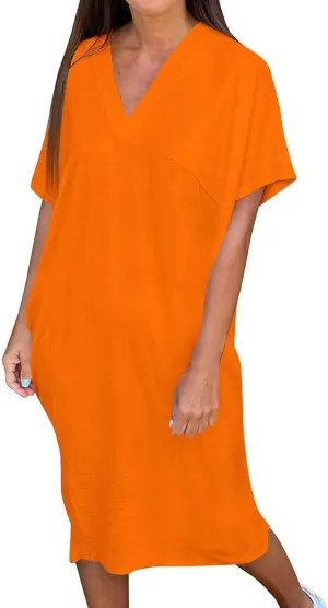 Women's Short Sleeve V Neck Dress Casual Loose Back Split Midi Long Dresses 2025 Summer Solid Color Flowy A-Line Dress