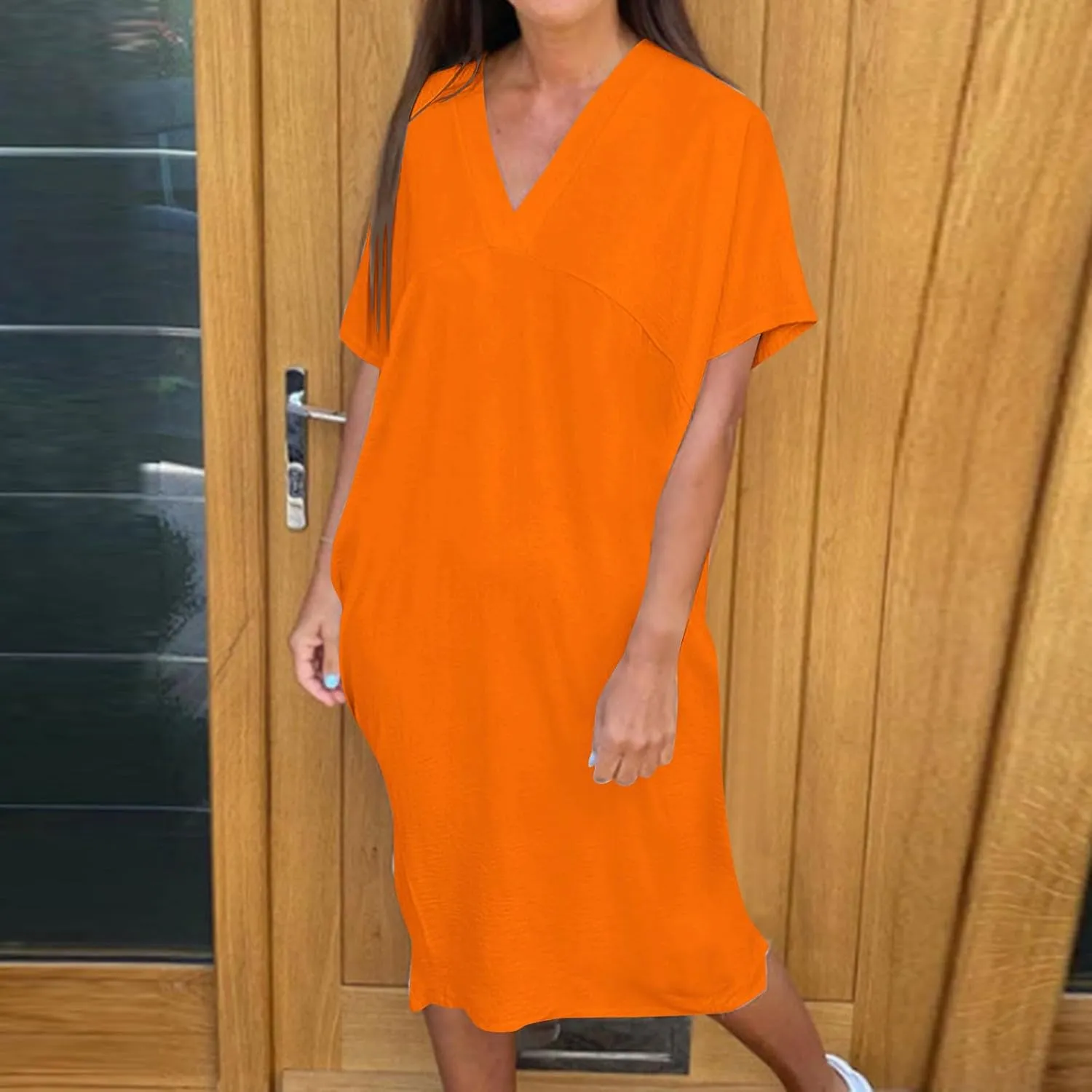 Women's Short Sleeve V Neck Dress Casual Loose Back Split Midi Long Dresses 2025 Summer Solid Color Flowy A-Line Dress