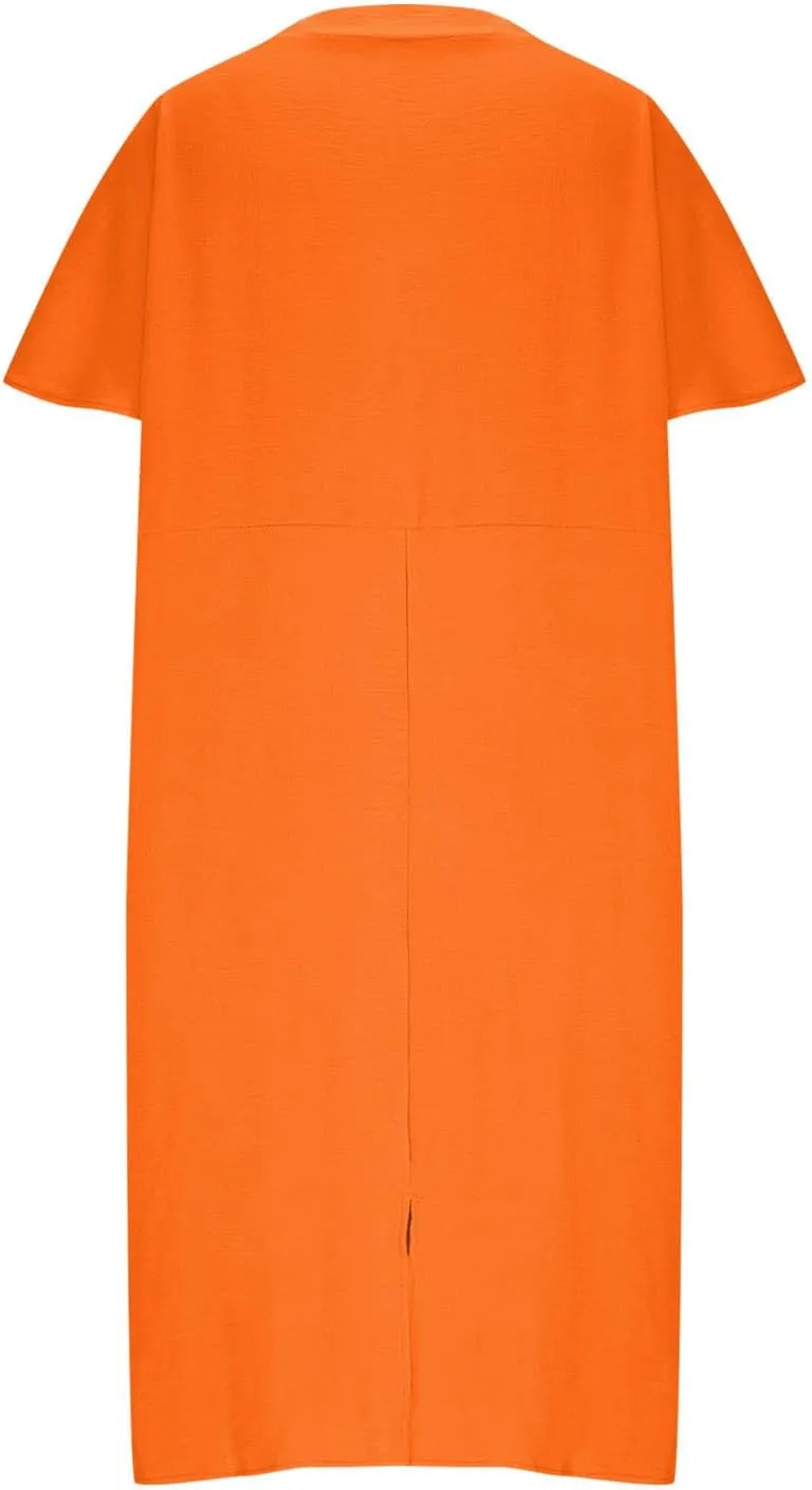 Women's Short Sleeve V Neck Dress Casual Loose Back Split Midi Long Dresses 2025 Summer Solid Color Flowy A-Line Dress
