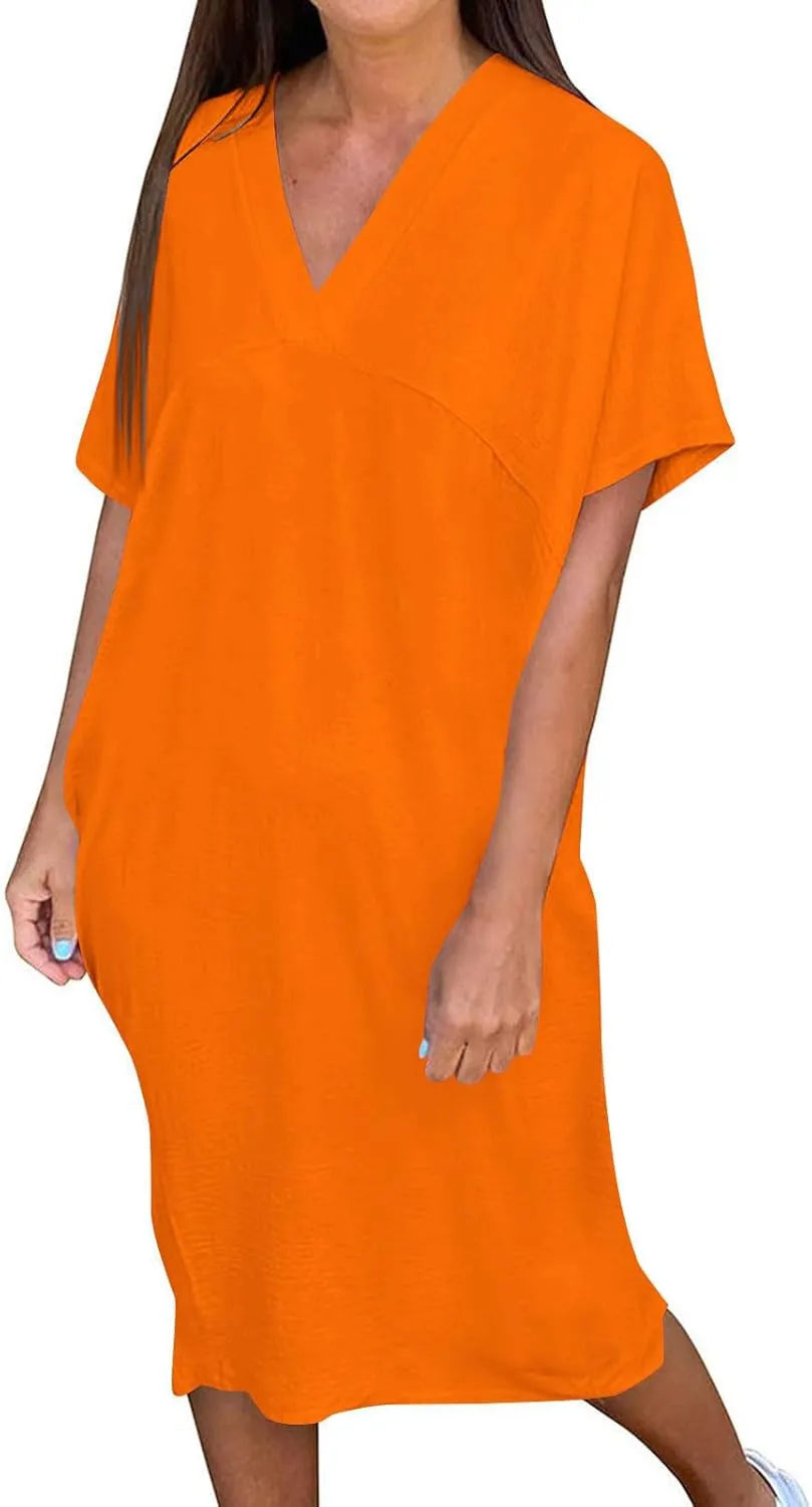 Women's Short Sleeve V Neck Dress Casual Loose Back Split Midi Long Dresses 2025 Summer Solid Color Flowy A-Line Dress