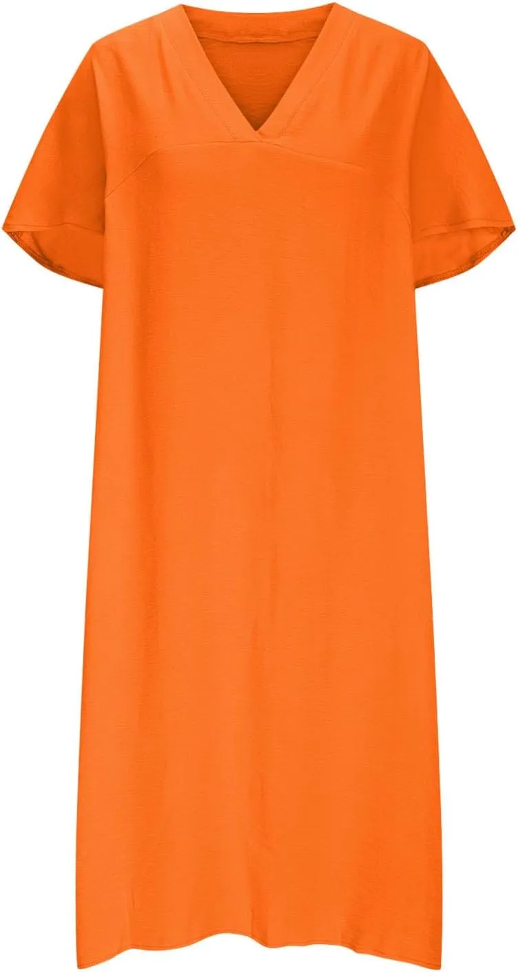 Women's Short Sleeve V Neck Dress Casual Loose Back Split Midi Long Dresses 2025 Summer Solid Color Flowy A-Line Dress