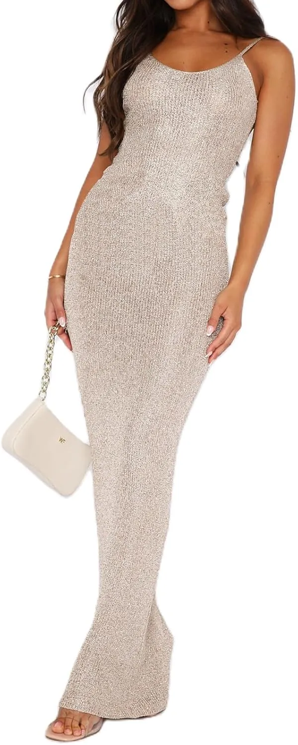 Women's Sleeveless Bodycon Slip Dress Ribbed Knit Sparkle Spaghetti Strap Backless Maxi Long Dresses