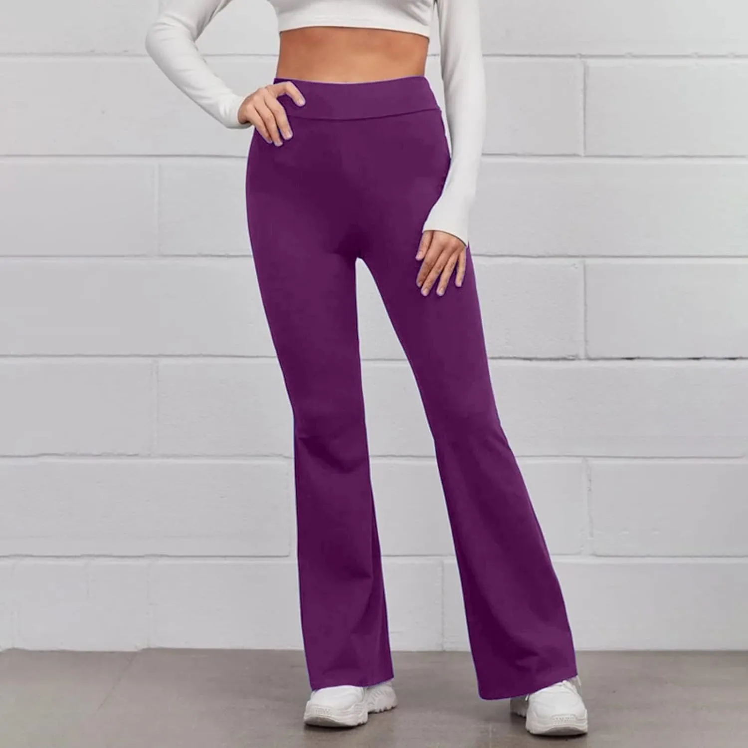 Women's Solid Casual Elastic High Waisted Yoga Sweatpants Stretch Soft Comfy Straight Wide Leg Trousers with Pockets