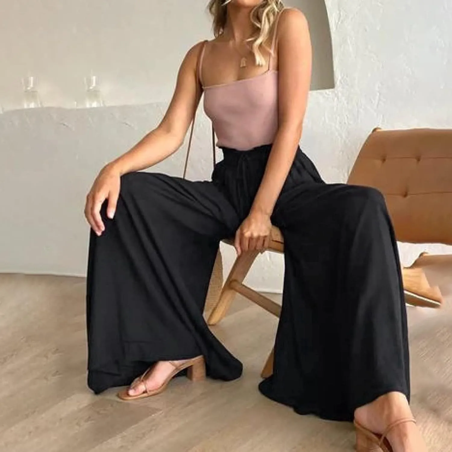 Women's Solid Flowy High Waist Yoga Trousers 2023 Elegant Soft Comfy Lightweight Plus Size Baggy Pants