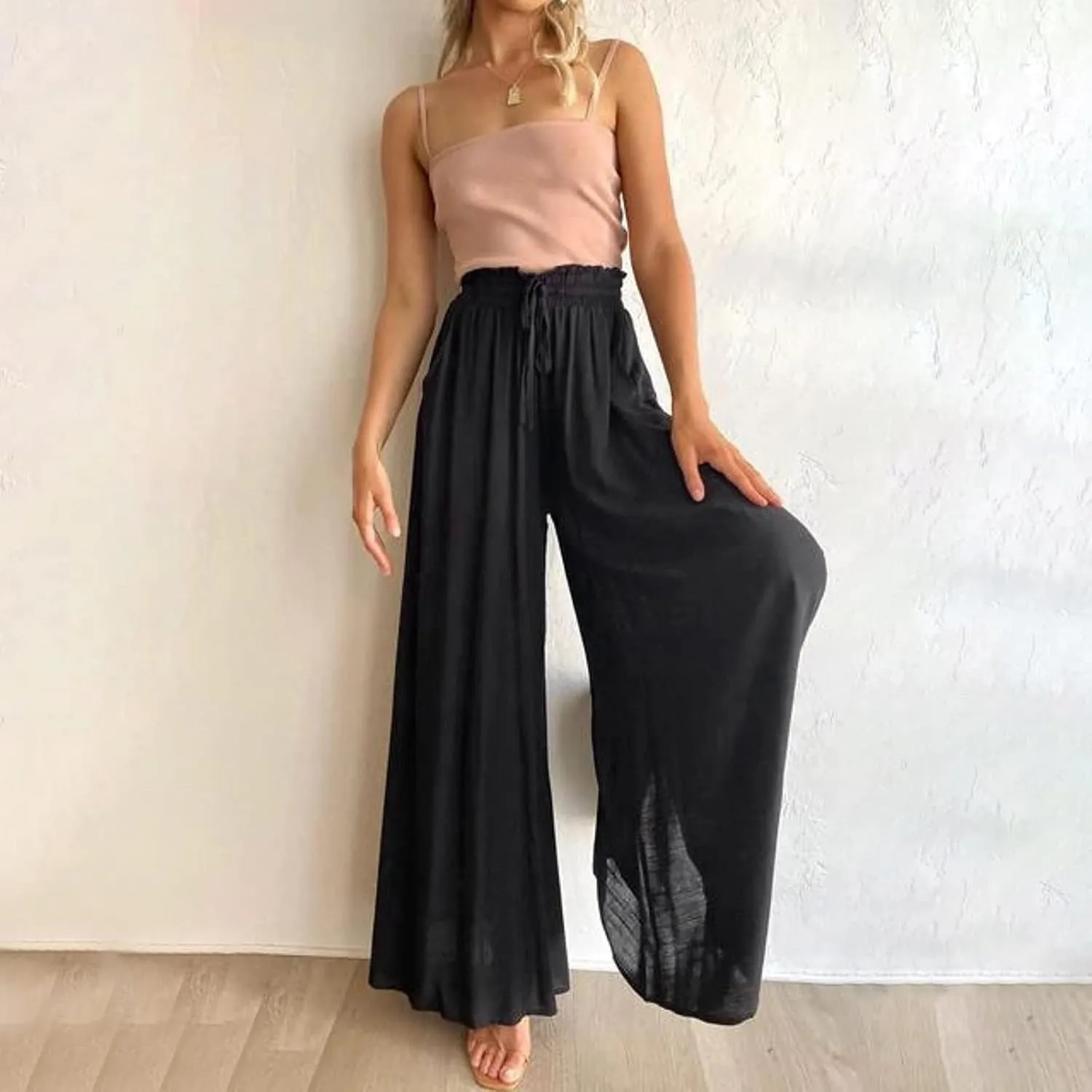 Women's Solid Flowy High Waist Yoga Trousers 2023 Elegant Soft Comfy Lightweight Plus Size Baggy Pants