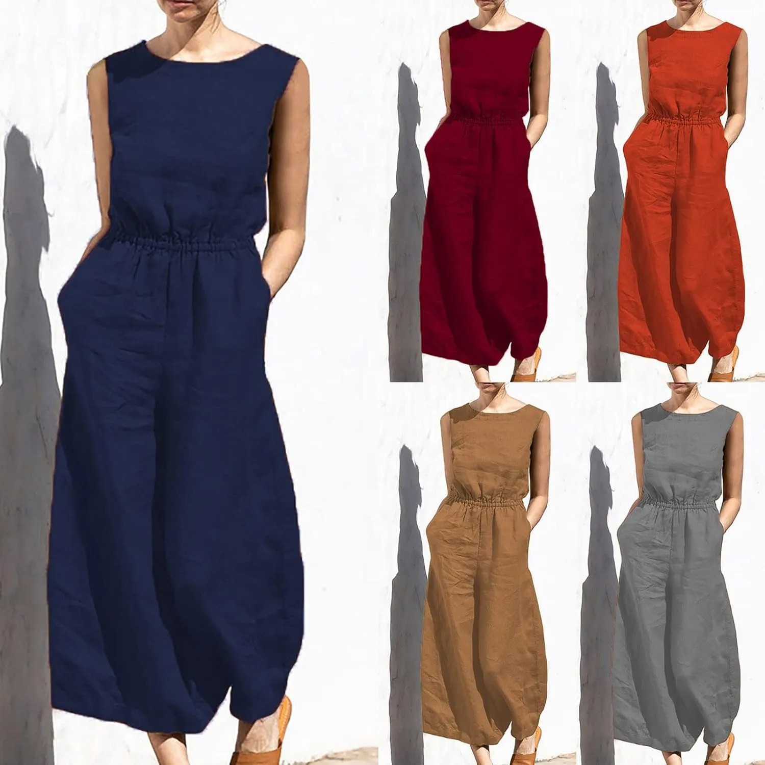 Women's Solid Linen Jumpsuits 2023 Rompers V Neck Belt Overalls Elegant Short Sleeve One Piece Romper with Pockets