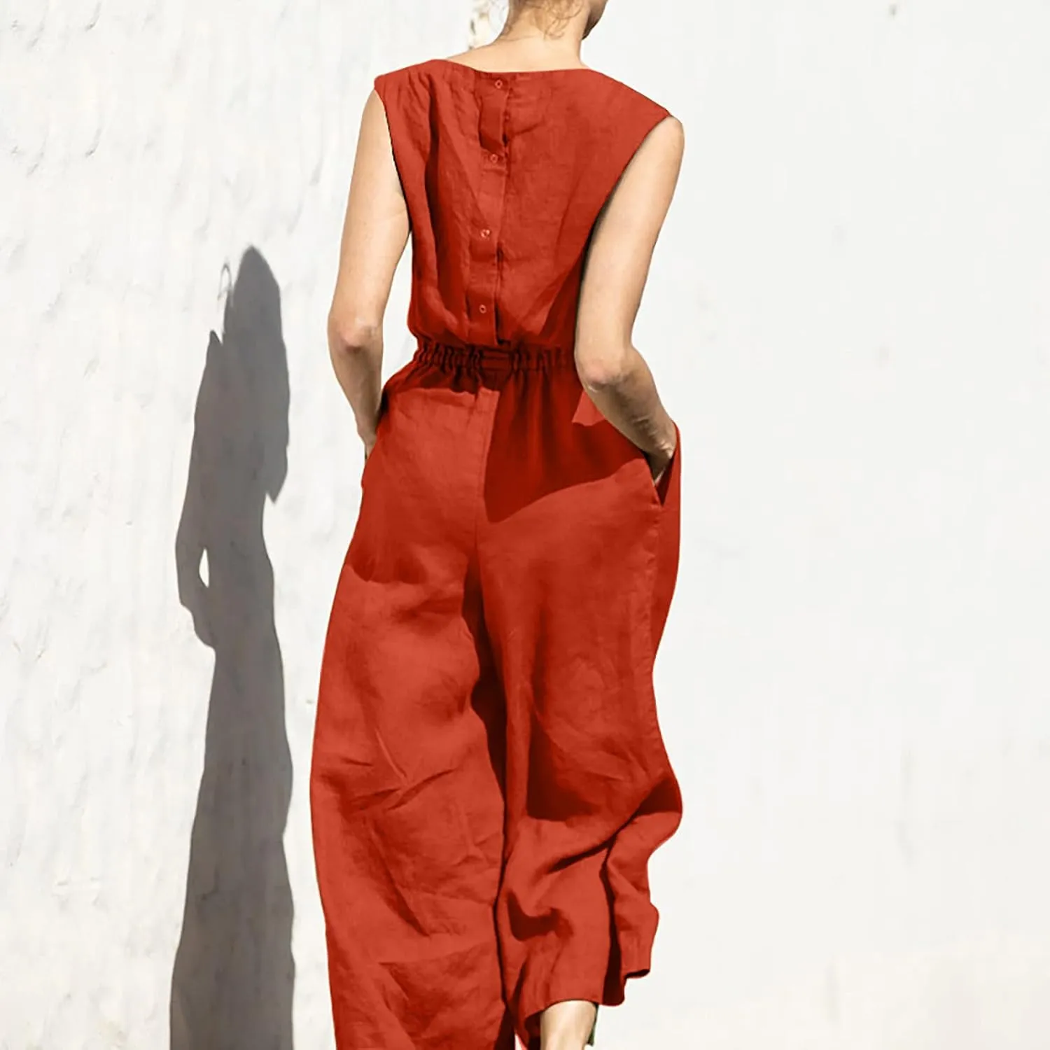 Women's Solid Linen Jumpsuits 2023 Rompers V Neck Belt Overalls Elegant Short Sleeve One Piece Romper with Pockets