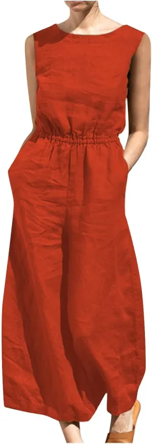 Women's Solid Linen Jumpsuits 2023 Rompers V Neck Belt Overalls Elegant Short Sleeve One Piece Romper with Pockets