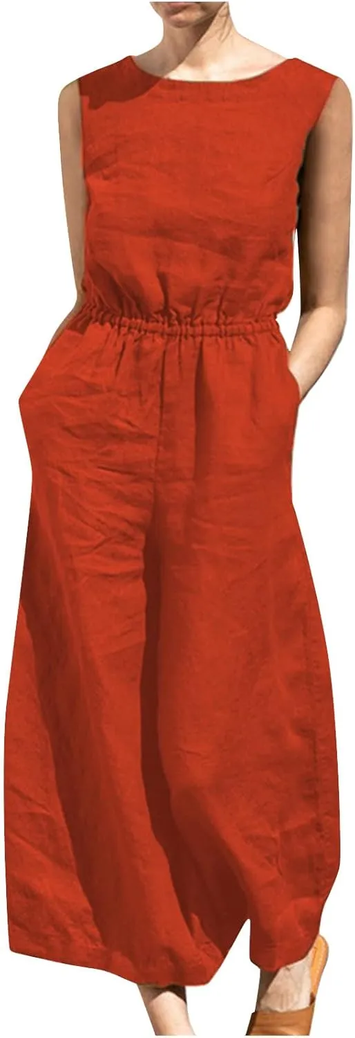 Women's Solid Linen Jumpsuits 2023 Rompers V Neck Belt Overalls Elegant Short Sleeve One Piece Romper with Pockets