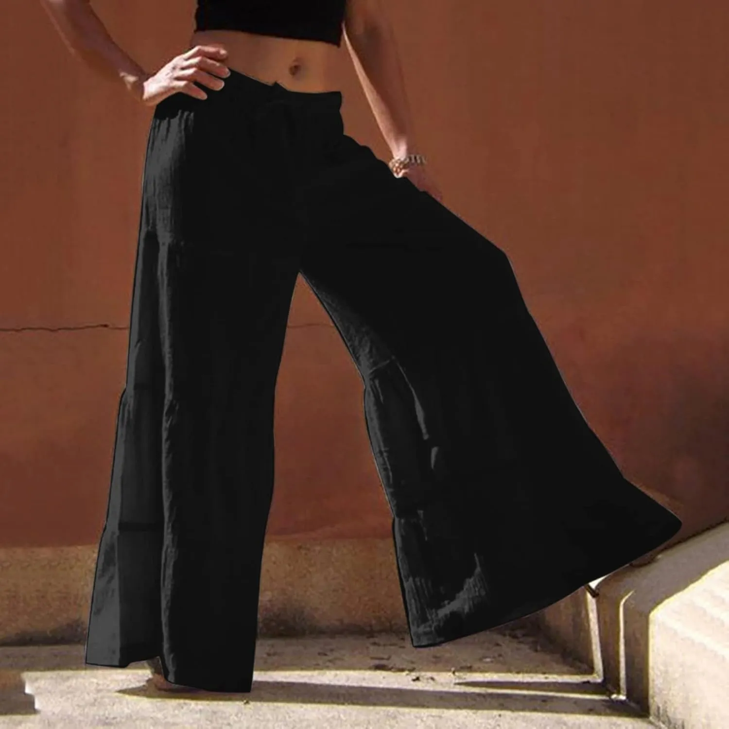 Women's Solid Trendy High Waist Drawstring Pants with Pockets for Summer Beach Vacation Plus Size Baggy Yoga Pants