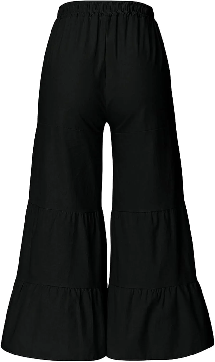 Women's Solid Trendy High Waist Drawstring Pants with Pockets for Summer Beach Vacation Plus Size Baggy Yoga Pants