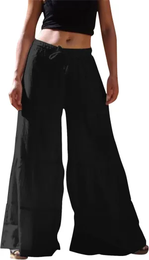 Women's Solid Trendy High Waist Drawstring Pants with Pockets for Summer Beach Vacation Plus Size Baggy Yoga Pants