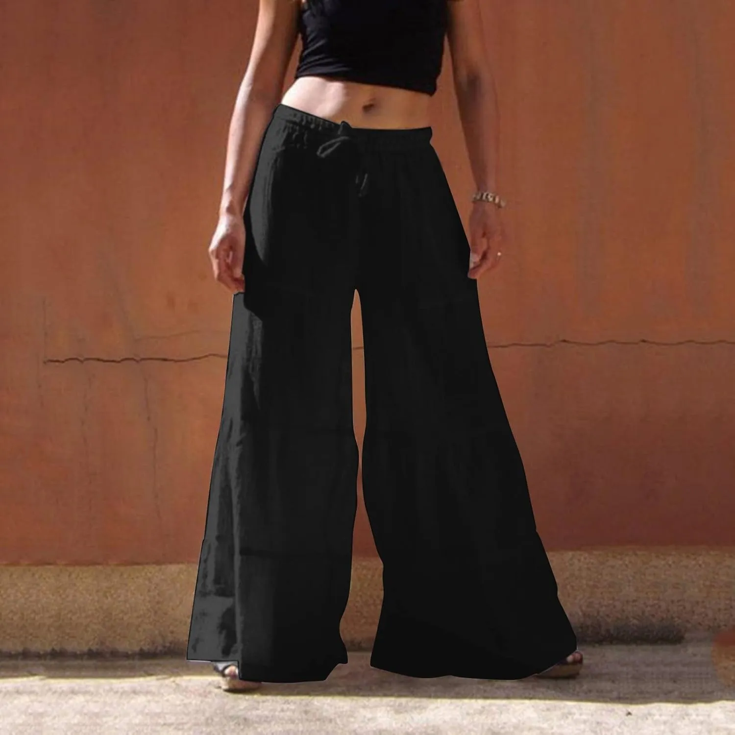 Women's Solid Trendy High Waist Drawstring Pants with Pockets for Summer Beach Vacation Plus Size Baggy Yoga Pants