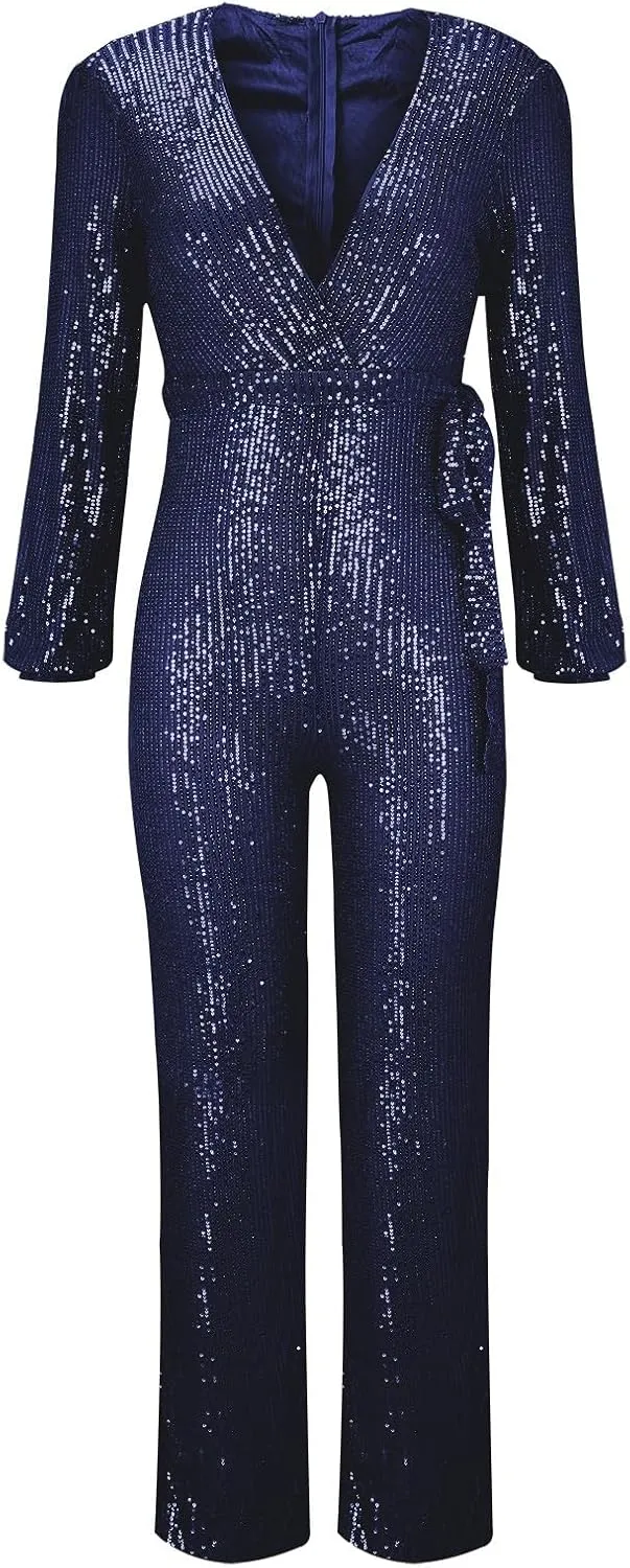 Women's Sparkly Sequin Jumpsuits Sexy Deep V Neck Rompers High Waisted Wide Leg Long Sleeve Party Club Pants with Belt