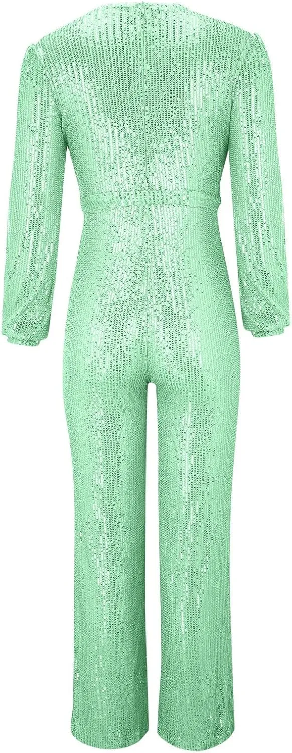 Women's Sparkly Sequin Jumpsuits Sexy Deep V Neck Rompers High Waisted Wide Leg Long Sleeve Party Club Pants with Belt
