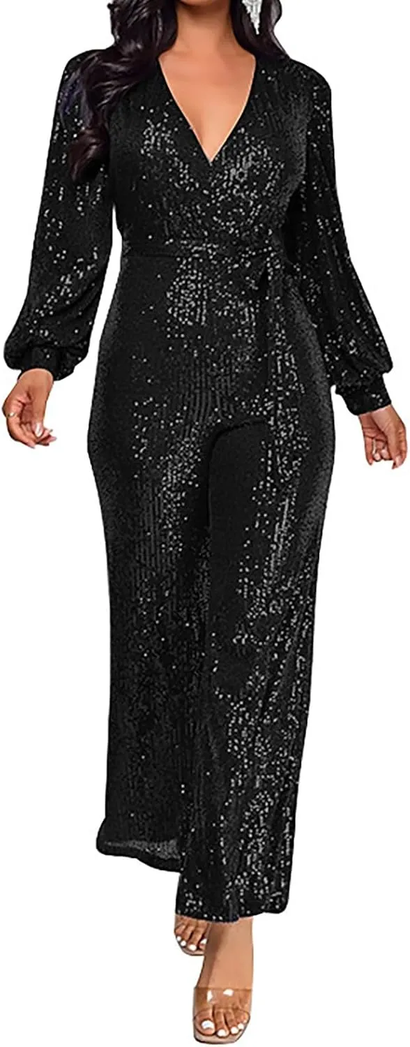Women's Sparkly Sequin Jumpsuits Sexy Deep V Neck Rompers High Waisted Wide Leg Long Sleeve Party Club Pants with Belt