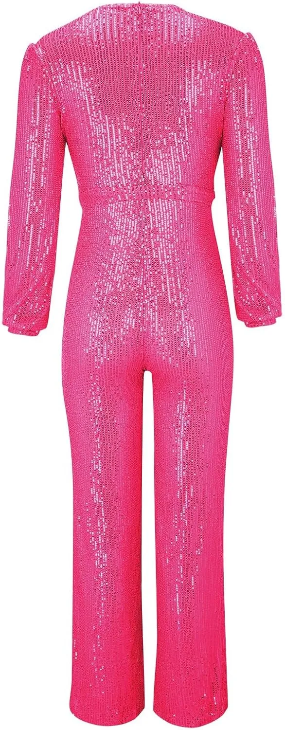 Women's Sparkly Sequin Jumpsuits Sexy Deep V Neck Rompers High Waisted Wide Leg Long Sleeve Party Club Pants with Belt