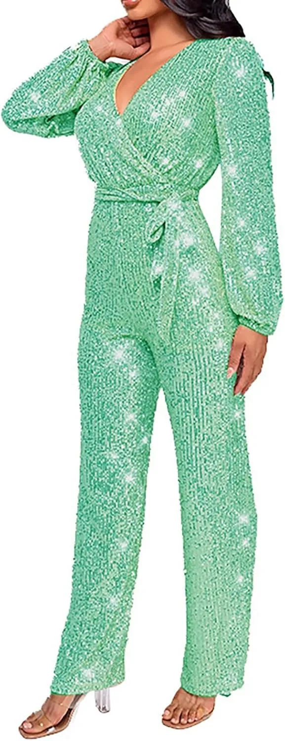 Women's Sparkly Sequin Jumpsuits Sexy Deep V Neck Rompers High Waisted Wide Leg Long Sleeve Party Club Pants with Belt