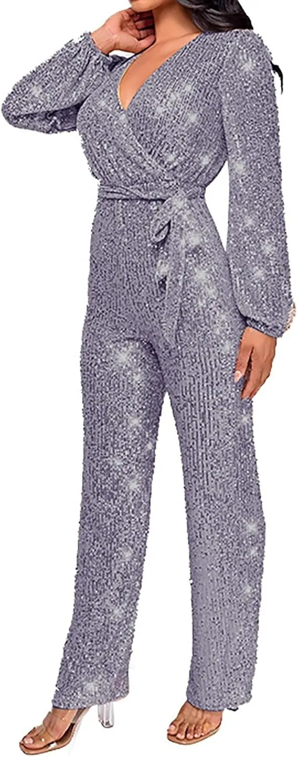 Women's Sparkly Sequin Jumpsuits Sexy Deep V Neck Rompers High Waisted Wide Leg Long Sleeve Party Club Pants with Belt