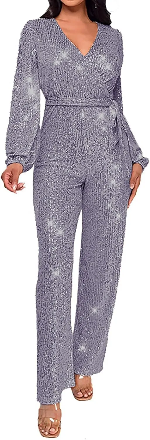 Women's Sparkly Sequin Jumpsuits Sexy Deep V Neck Rompers High Waisted Wide Leg Long Sleeve Party Club Pants with Belt