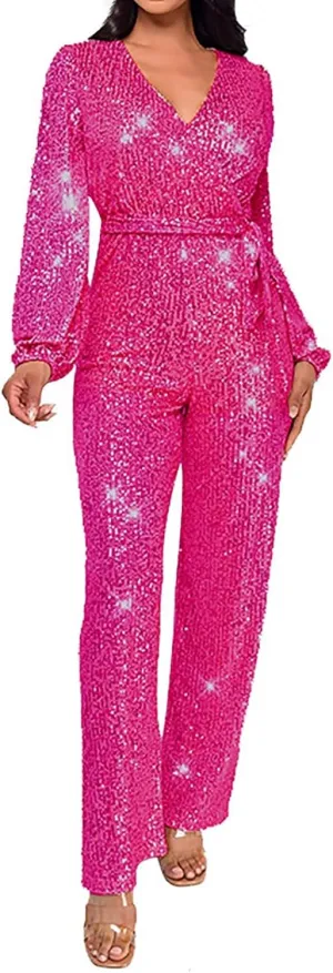 Women's Sparkly Sequin Jumpsuits Sexy Deep V Neck Rompers High Waisted Wide Leg Long Sleeve Party Club Pants with Belt