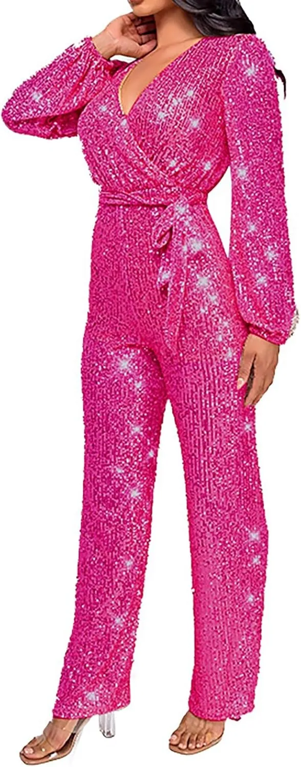 Women's Sparkly Sequin Jumpsuits Sexy Deep V Neck Rompers High Waisted Wide Leg Long Sleeve Party Club Pants with Belt