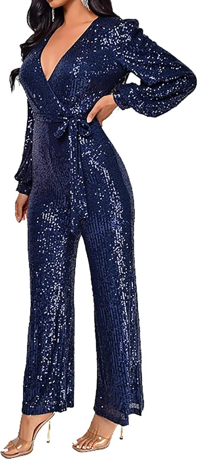Women's Sparkly Sequin Jumpsuits Sexy Deep V Neck Rompers High Waisted Wide Leg Long Sleeve Party Club Pants with Belt