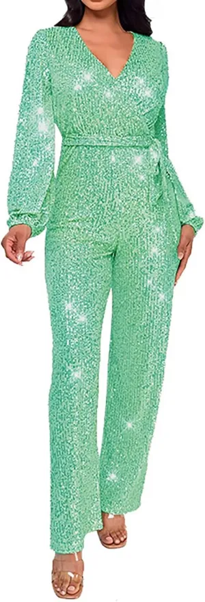 Women's Sparkly Sequin Jumpsuits Sexy Deep V Neck Rompers High Waisted Wide Leg Long Sleeve Party Club Pants with Belt