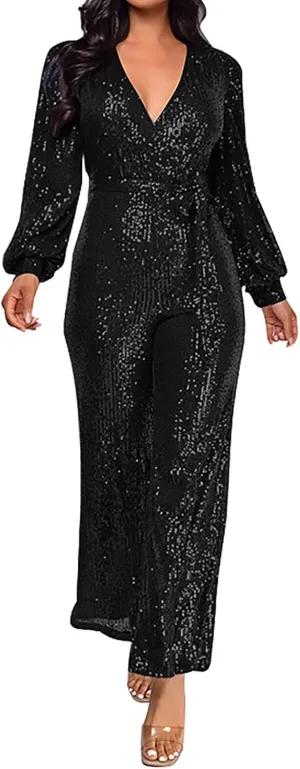 Women's Sparkly Sequin Jumpsuits Sexy Deep V Neck Rompers High Waisted Wide Leg Long Sleeve Party Club Pants with Belt