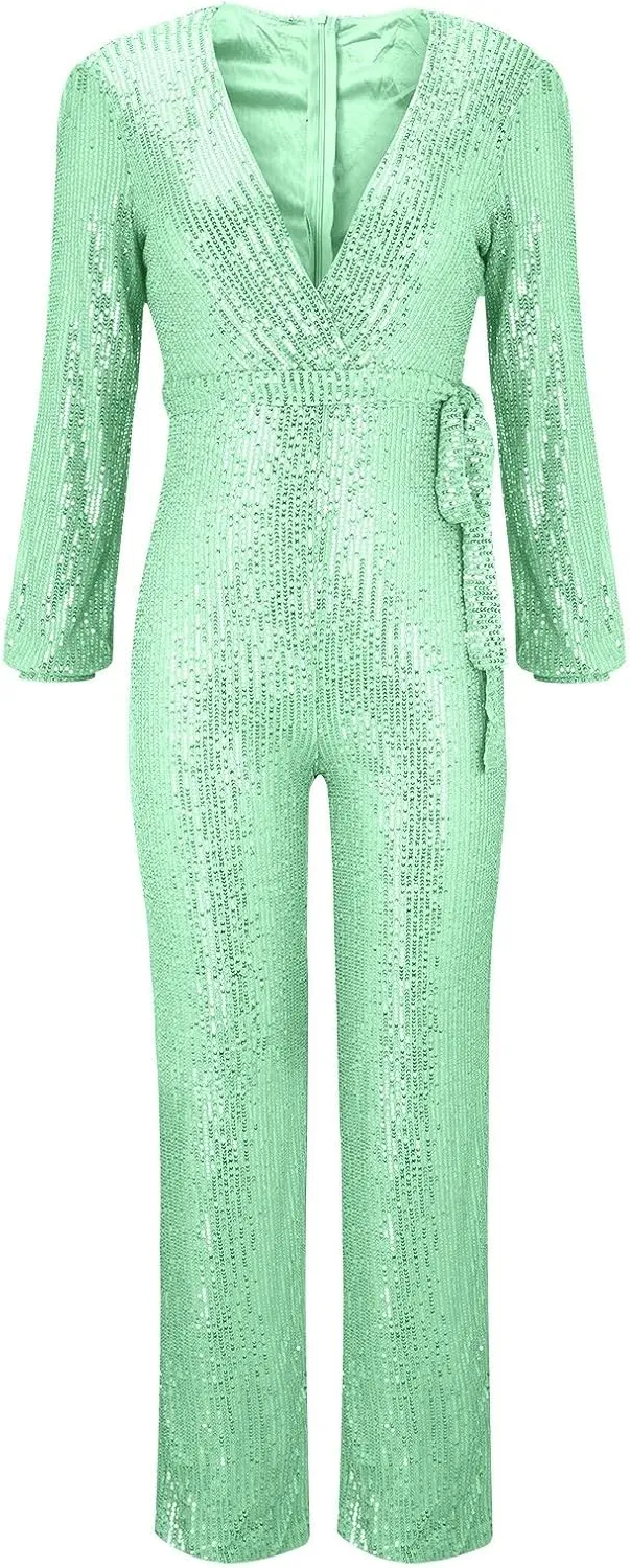 Women's Sparkly Sequin Jumpsuits Sexy Deep V Neck Rompers High Waisted Wide Leg Long Sleeve Party Club Pants with Belt
