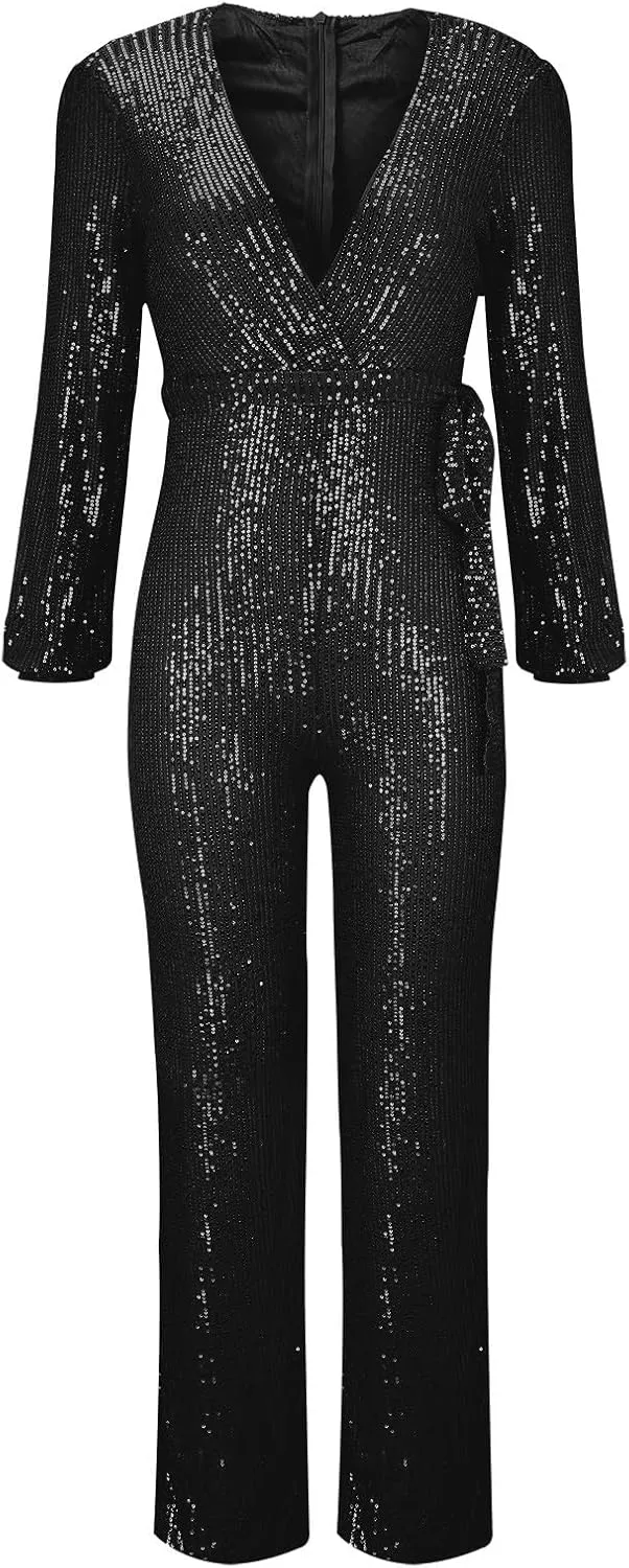 Women's Sparkly Sequin Jumpsuits Sexy Deep V Neck Rompers High Waisted Wide Leg Long Sleeve Party Club Pants with Belt