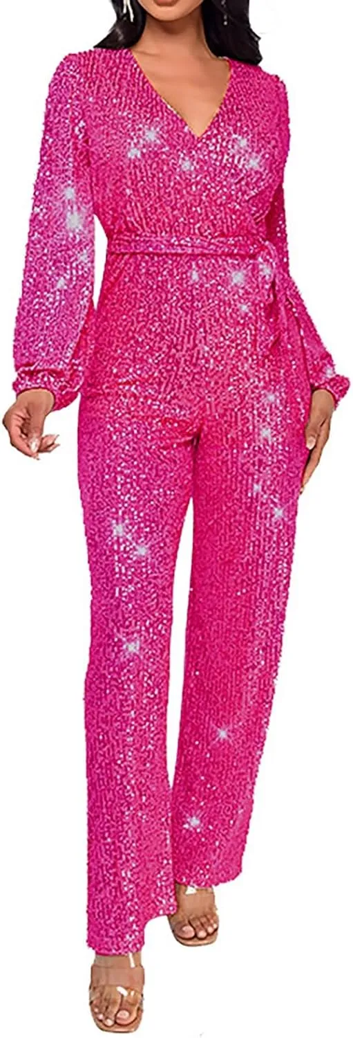 Women's Sparkly Sequin Jumpsuits Sexy Deep V Neck Rompers High Waisted Wide Leg Long Sleeve Party Club Pants with Belt