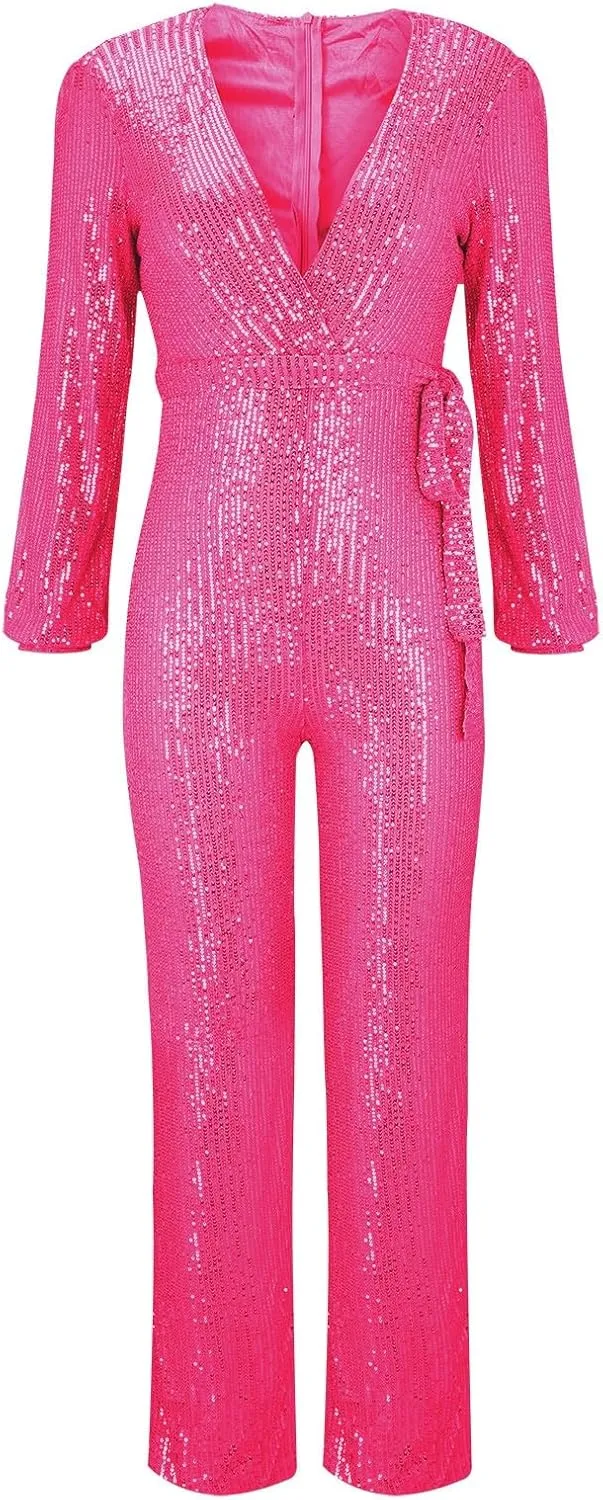 Women's Sparkly Sequin Jumpsuits Sexy Deep V Neck Rompers High Waisted Wide Leg Long Sleeve Party Club Pants with Belt