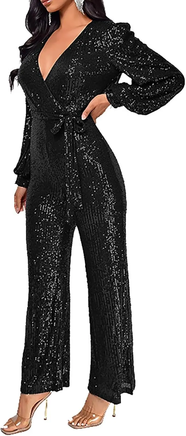 Women's Sparkly Sequin Jumpsuits Sexy Deep V Neck Rompers High Waisted Wide Leg Long Sleeve Party Club Pants with Belt