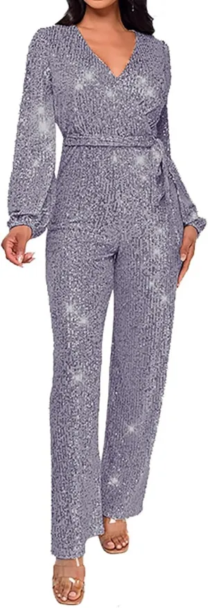 Women's Sparkly Sequin Jumpsuits Sexy Deep V Neck Rompers High Waisted Wide Leg Long Sleeve Party Club Pants with Belt