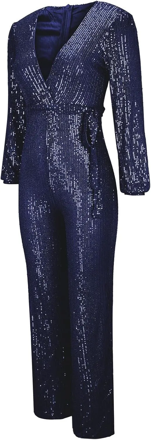 Women's Sparkly Sequin Jumpsuits Sexy Deep V Neck Rompers High Waisted Wide Leg Long Sleeve Party Club Pants with Belt