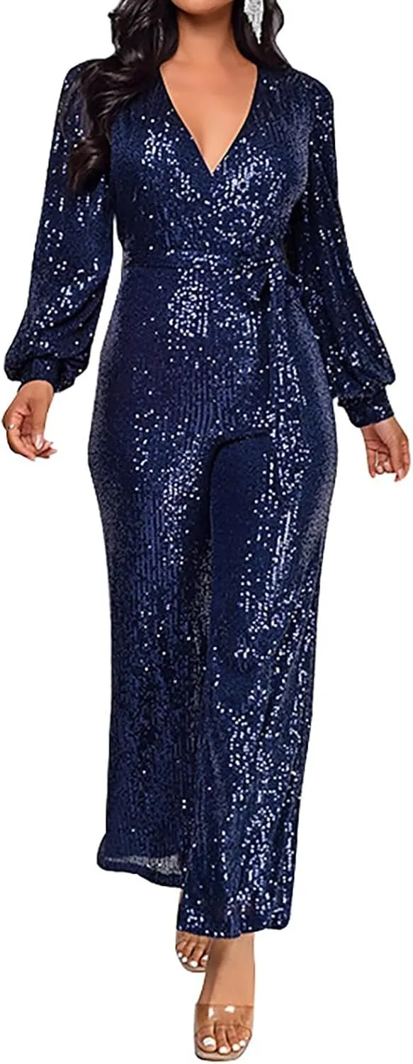 Women's Sparkly Sequin Jumpsuits Sexy Deep V Neck Rompers High Waisted Wide Leg Long Sleeve Party Club Pants with Belt