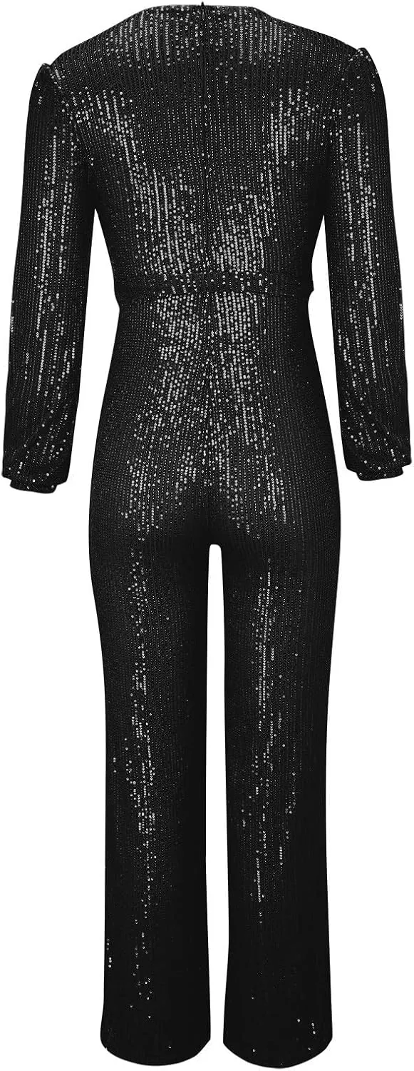 Women's Sparkly Sequin Jumpsuits Sexy Deep V Neck Rompers High Waisted Wide Leg Long Sleeve Party Club Pants with Belt
