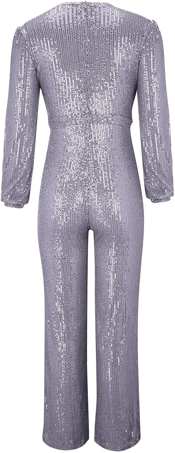 Women's Sparkly Sequin Jumpsuits Sexy Deep V Neck Rompers High Waisted Wide Leg Long Sleeve Party Club Pants with Belt