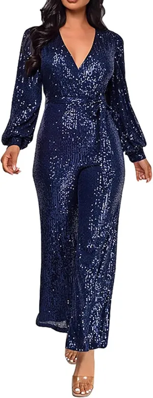 Women's Sparkly Sequin Jumpsuits Sexy Deep V Neck Rompers High Waisted Wide Leg Long Sleeve Party Club Pants with Belt