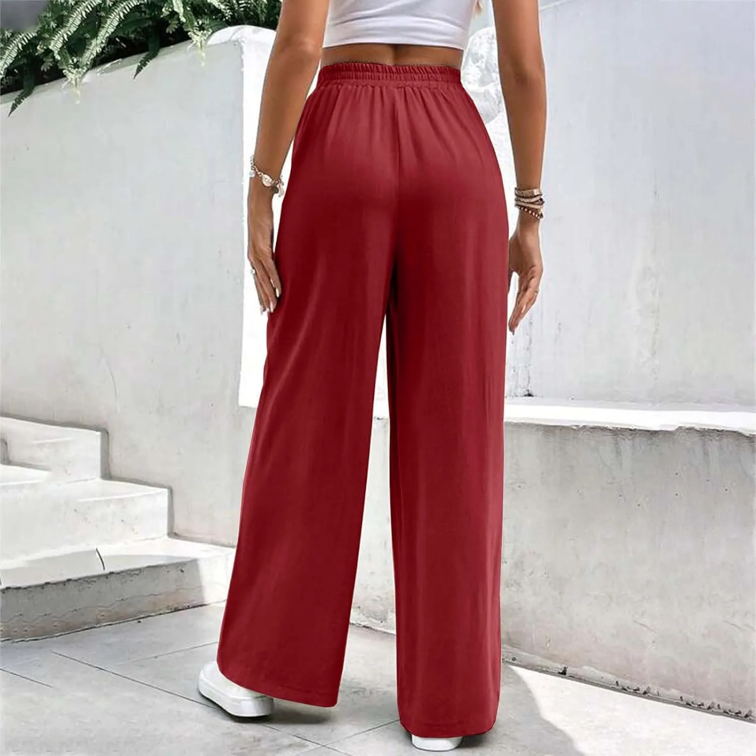 Women's Straight Wide Leg Pants Casual Loose Fit Plus Size Drape Flowy Trousers Soft Lightweight Elastic Waist Jogger Pant