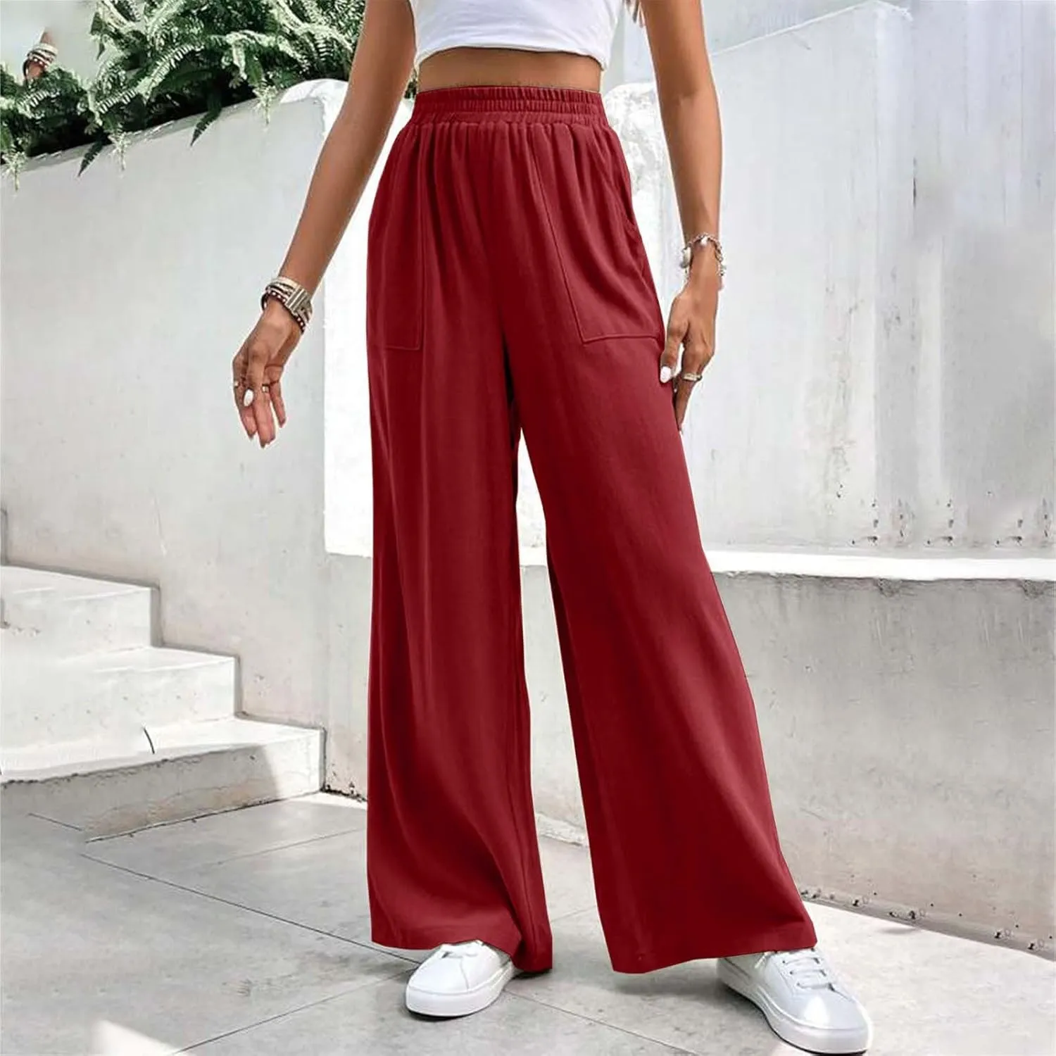 Women's Straight Wide Leg Pants Casual Loose Fit Plus Size Drape Flowy Trousers Soft Lightweight Elastic Waist Jogger Pant