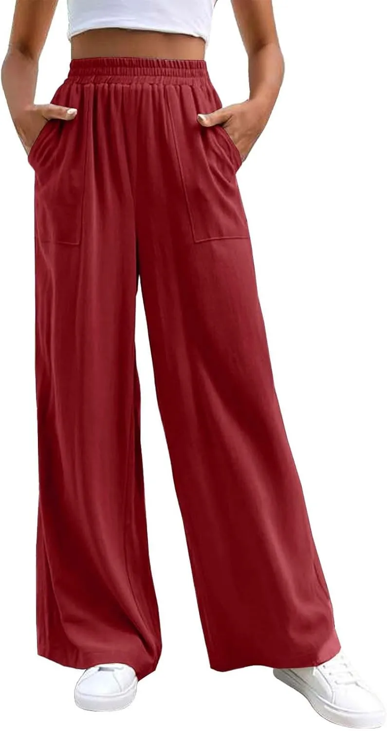Women's Straight Wide Leg Pants Casual Loose Fit Plus Size Drape Flowy Trousers Soft Lightweight Elastic Waist Jogger Pant