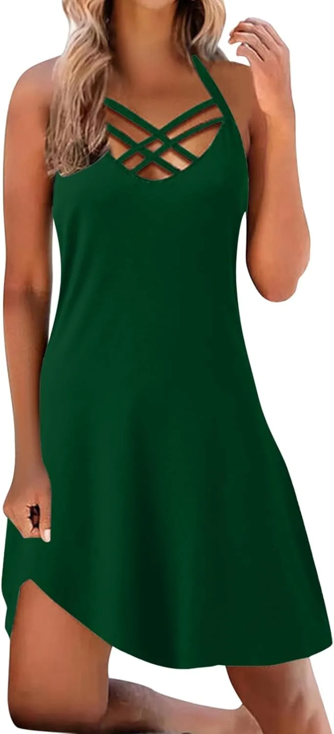 Women's Summer Beach Casual Dress Strappy Caged Scoop Neck Sleeveless Dress Flowy Swing Pocket T-Shirt Dresses